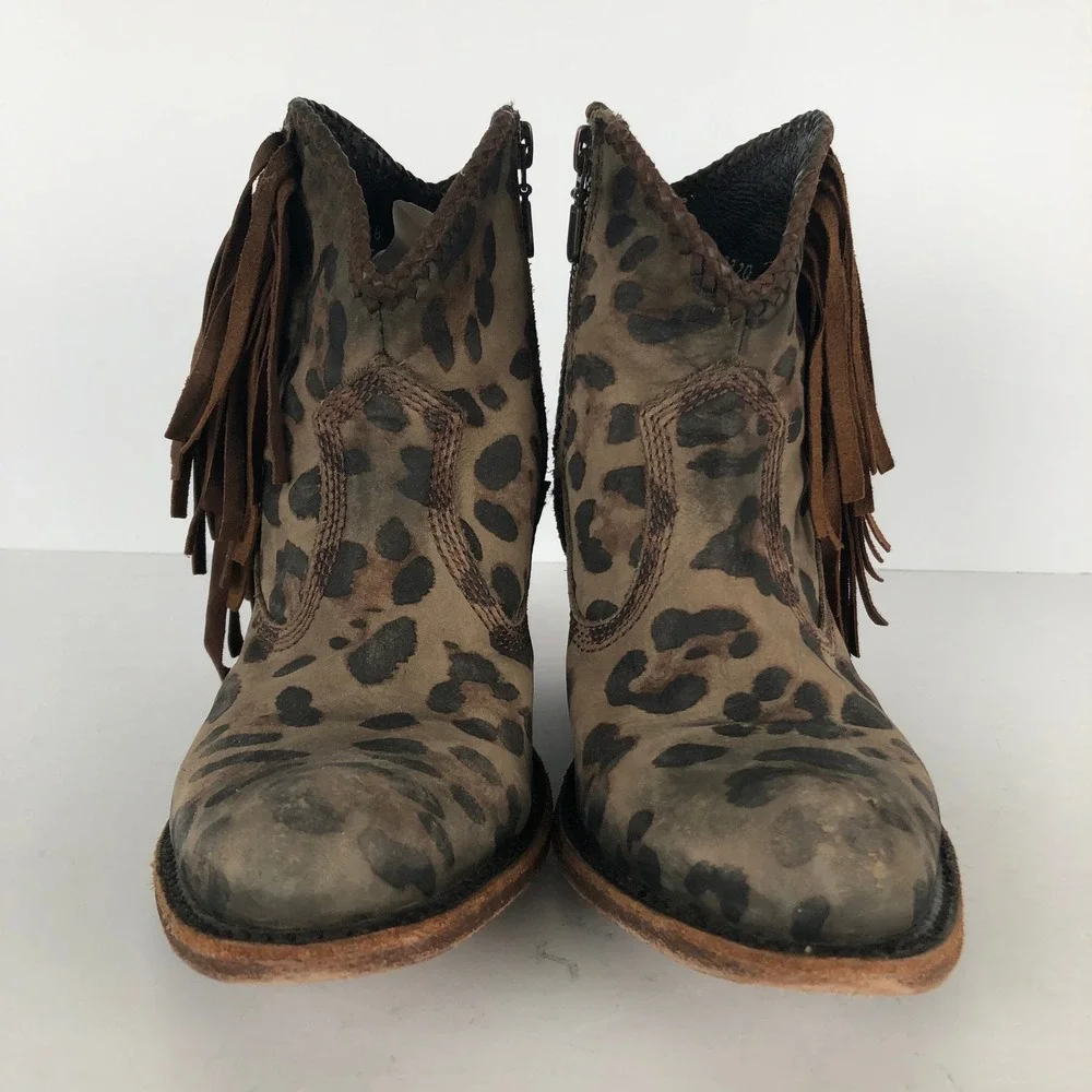 LIBERTY BLACK Leopard Print Fringe Western Ankle Boots Sz 7 Brown Leather Boho